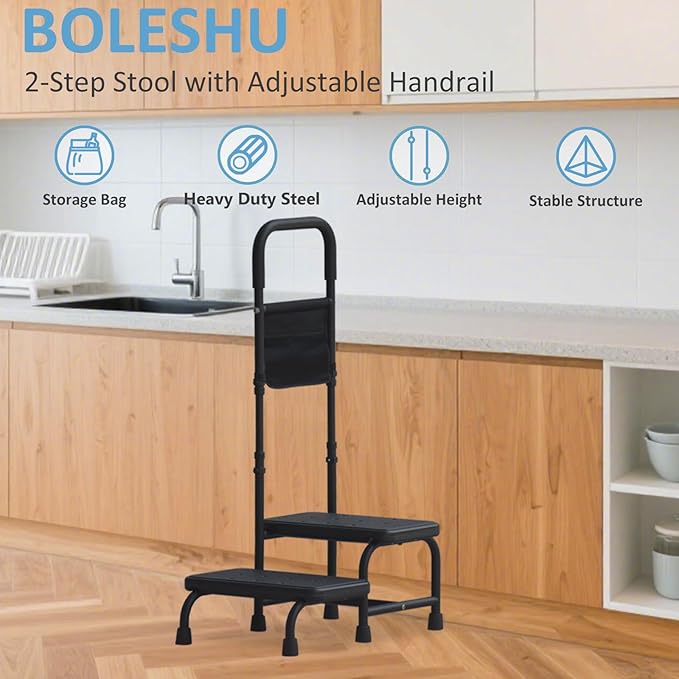 2 Step Stool with Handle for Elderly Adults, Portable Footstool Bed Steps for High Beds, Two Step Stools for Seniors with Adjustable Handrail Non-Skid Platform, Foot Stool for Kitchen Bathtub (Black)