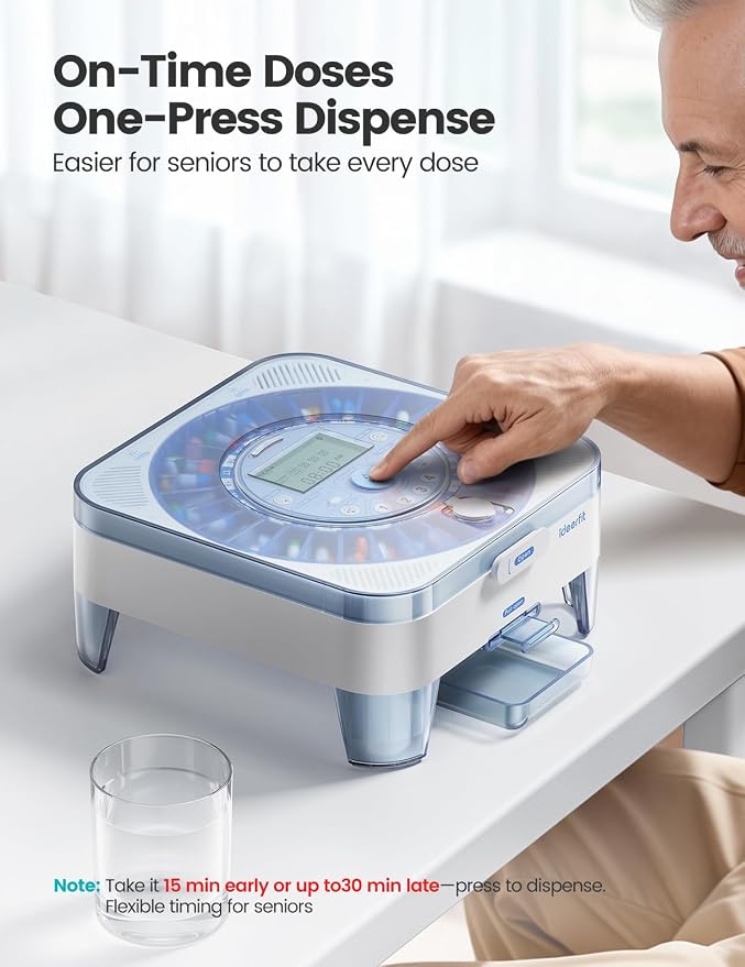 28-Day (1X) Automatic Pill Dispenser, No APP with Alarm & Desiccant | Easy medication management with Sound & Light Alerts, One-Press Dispensing, Large Compartments for Pills, Tablets & Capsules