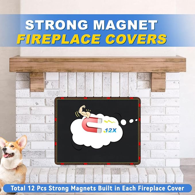 Magnetic Fireplace Cover, Fireplace Draft Stopper with 12 Pieces Strong Magnets, Fireplace Blanket for Heat Loss, Air Blocker for Winter and Summer, 33"x29", Black