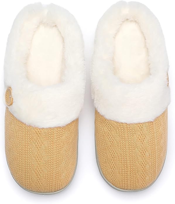 Chantomoo Womens Slipper Warm Comfy Memory Foam House Slippers Knitted Shoes Faux Fur Lined Anti-Skid Rubber Sole Bedroom Cozy Indoor Outdoor Slippers