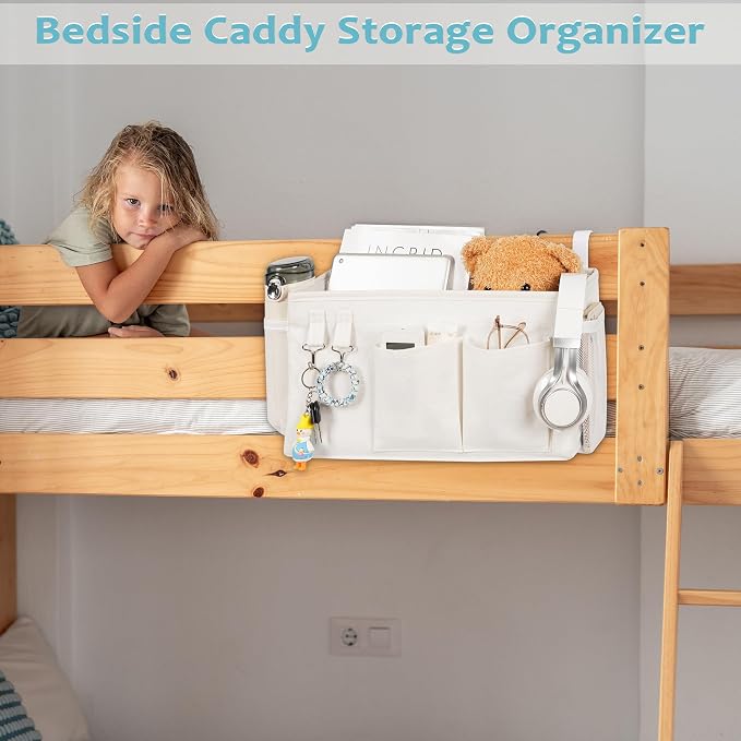 Bedside Caddy, Bedside Storage Bag Hanging Organizer for Bunk Dorm Bed Rail | Bed Caddy with Hooks, Top Bunks and Dorm Essentials for Water, Tissues, Tablets, Books, Phones, Remotes and Other Necessories