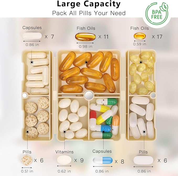 FYY Daily Pill Organizer, 7 Compartments Portable Pill Case Travel Pill Organizer,[Folding Design] Pill Box for Purse Pocket to Hold Vitamins,Cod Liver Oil,Supplements and Medication-White