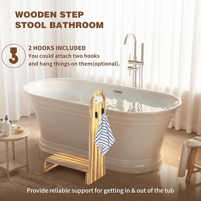 Wooden One Step Stool with Handle, 6" Height Wooden Step for Bathroom/Kitchen, Solid Wooden Step with Semicircle feet for Elderly, Adults, Kids to Get in & Out of Bed Easily(440LBs Capacity)