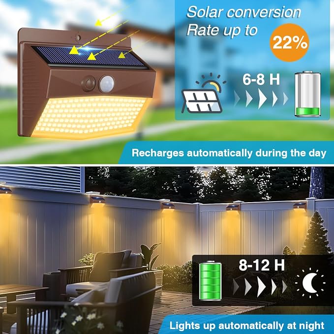 6 Pack Solar Motion Sensor Lights Outdoor Waterproof with 3 Modes | Warm White, Brown Frame, LED, Solar Powered, Security Lighting for Outside Wall Garden Fence Yard Deck Patio Garage