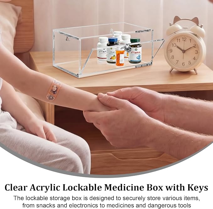 JUXYES Acrylic Clear Refrigerator Medicine Organizer Box with Lid and Lock for Wall and Tabletop - Transparent Medicine Storage Bin - Stackable Fridge Lockable Pill Container for Medical Supplies, S