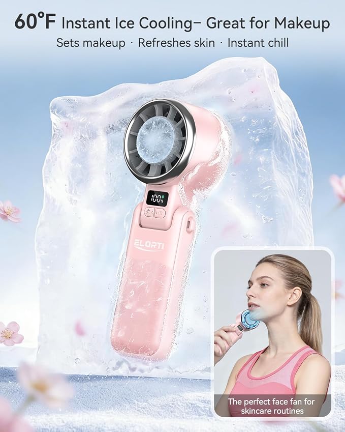 Portable Fan, Handheld Fan, Small Fan with Turbo & Ice Cooling, Hand Fan 5-Speed 4000mAh Rechargeable, 3-in-1 Foldable Personal Travel Fan, Lightweight for Beach Vacation, for Women Girl-Pink