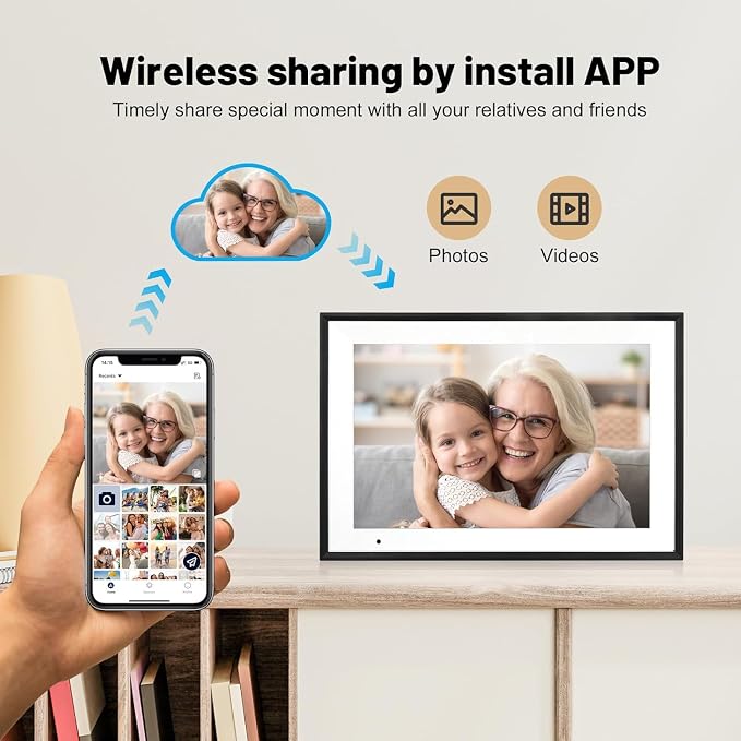 Digital Picture Frame 10.1 Inch Digital Photo Frame with 32GB Storage, 1280 * 800 IPS FHD Touchscreen, WiFi Smart Frame Share Photos and Videos Instantly from Anywhere via AiMOR App