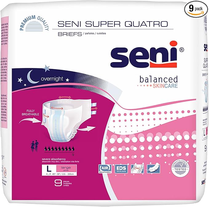 Seni Super Quatro Unisex Adult Incontinence Briefs with Tabs, Size Large (45"-59"), 9 Count, Severe Absorbency, Disposable Overnight Briefs for Men & Women