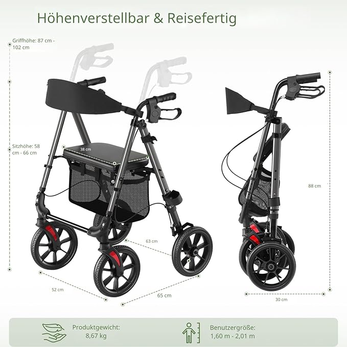 WALK MATE Walkers for Seniors, 4 x10 Inch Big Wheels Rollator Walker with Seat 350lb Weight Capacity Foldable All Terrain Rolling Walker, Lightweight Mobility Aid with Adjustable Height, Grey
