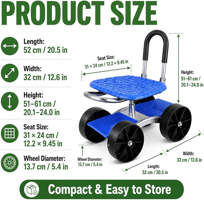 Rolling Garden Seat with Wheels, Adjustable Garden Scooter Stool with Backrest,Garden Cart with Tool Storage Tray & Backpack, Gardening Work Seat for Weeding, Planting, Yard Work (Without Backpack 3)