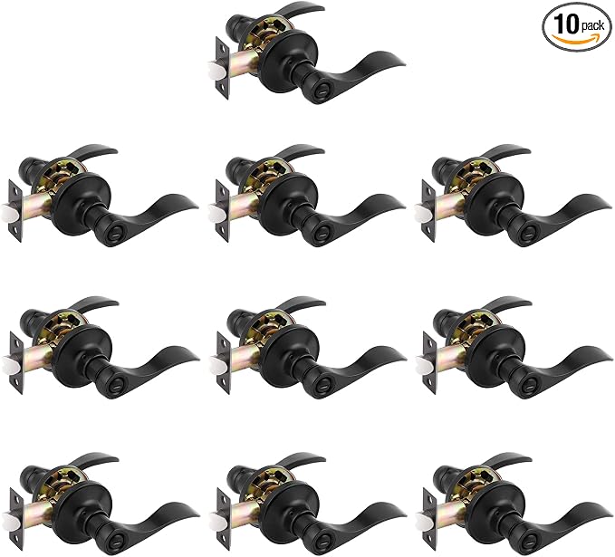 Gobrico 10 Pack Matte Black Interior Door Handles, Privacy Keyless Bed Bath Door Levers, Wave/Drop Style Knobs for Left/Right-Handed Doors
