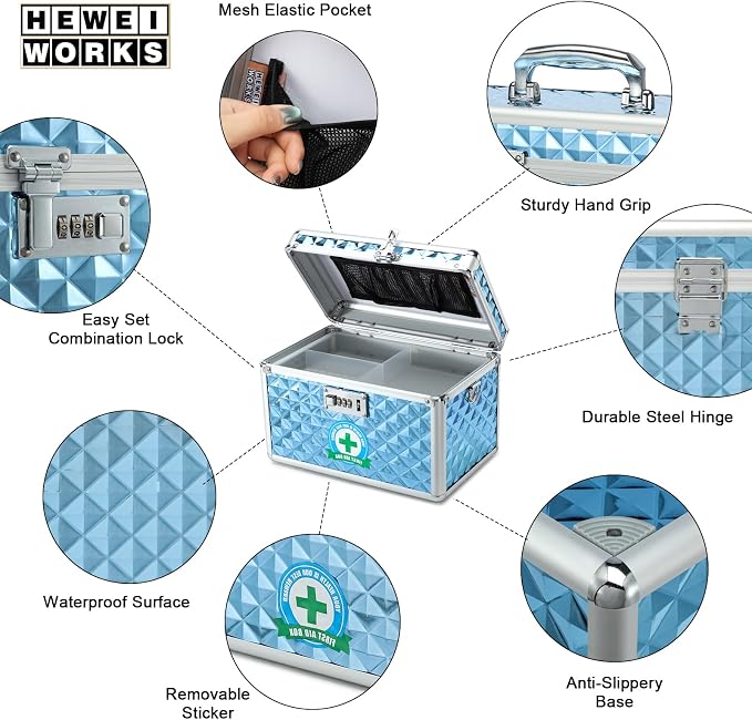 Storage Lock Box with Combination Lock, Lockable Medicine Storage Box, Empty First Aid Box, Security Lock Box, Multipurpose Locking Box for Home and Outdoor Use (Blue, Medium)