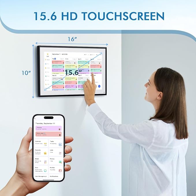 15.6" Digital Calendar Smart Chore Chart & Electronic Planner | IPS Touchscreen Sync Google/iCloud Meal Planner,Wall/Desk Mount Digital Photo Frame Gift for Mom Black
