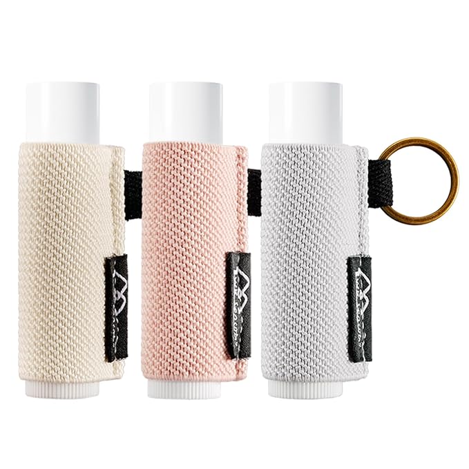 WK IEASON - Lip Balm Holder Keychain Clip On Lipstick/Chapstick Sleeve, Tight-Knit and Elastic (Pink/Light beige/Grey)
