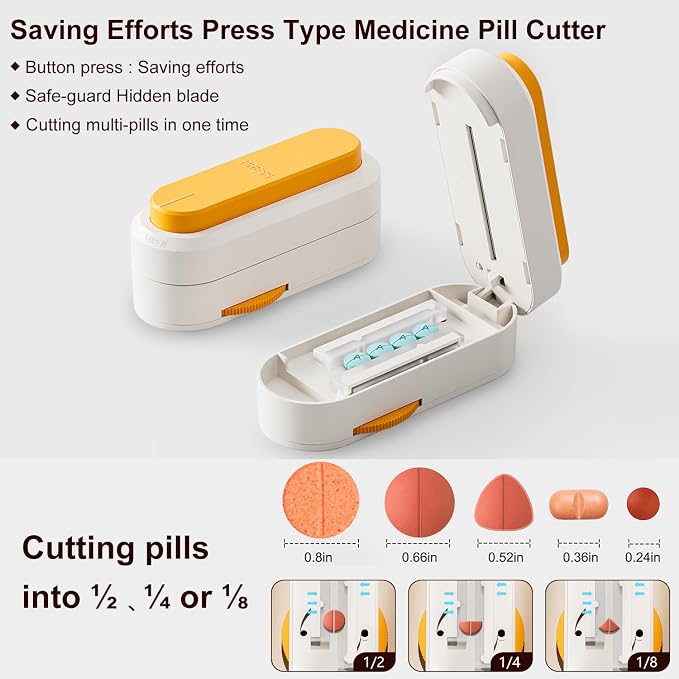 Pill Cutter Splitter for Small and Tiny Larger Pills. |ONE Button Easy Push Accurately Cuts Multiple Pills at Once. Sharp Blade with Safety Guard. Non-Slip Silicone Edge (Orange)