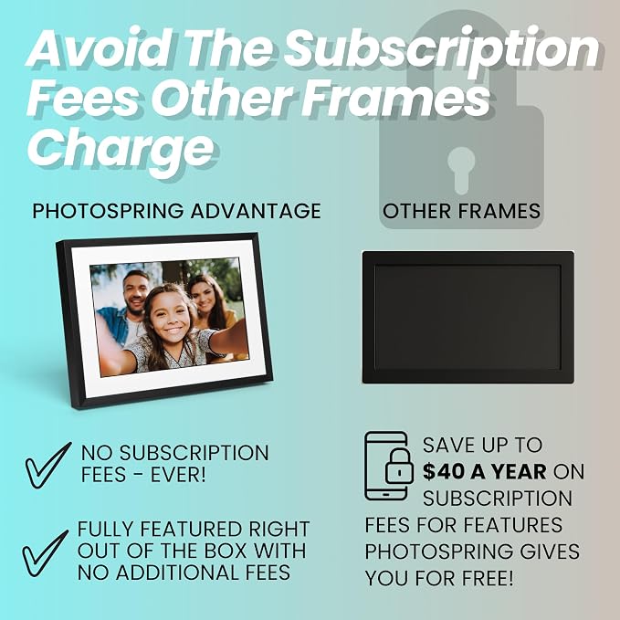 PhotoSpring w/Battery, 10in WiFi Digital Frame, No Subscription, Email App Web, USA Company, 32gb, Touch Screen, Play Videos up to 5 mins