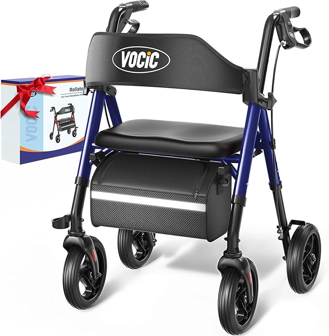 VOCIC Walkers for Seniors, Z21 Rollator Walker with Seat Supports 350lb, 8" Big Wheels for All Terrain, Ergonomic Arc Seat & 6" Ultra Backrest Foldable Walker, Dual Height Adjustment, Lightweight 2025
