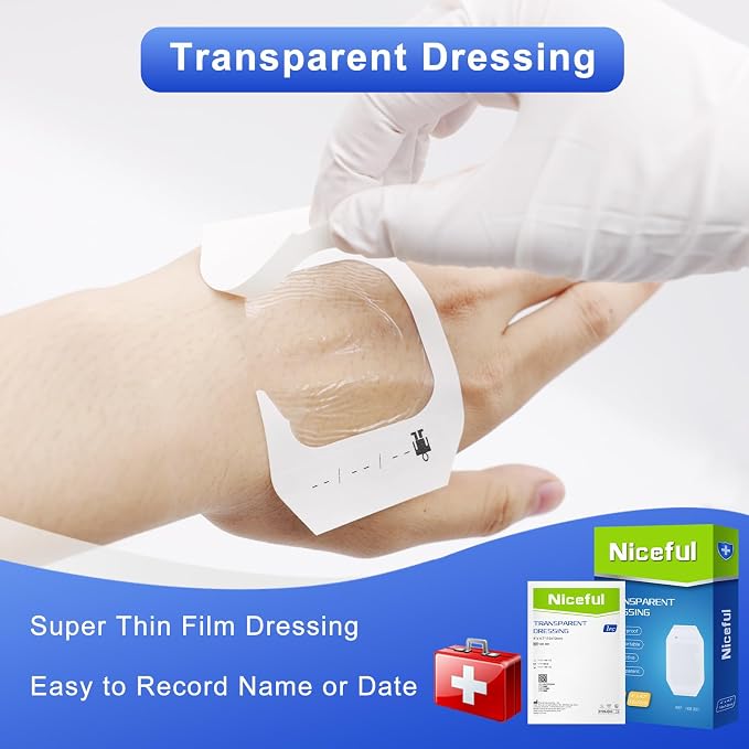 Niceful Transparent Film Dressing 50 Count-Clear Bandages for Wounds 4" x4-11/16, Waterproof Adhesive Wound Cover Bandages for Post Surgical Shower or IV Shield, Scar Therapy, Tattoo Dressings