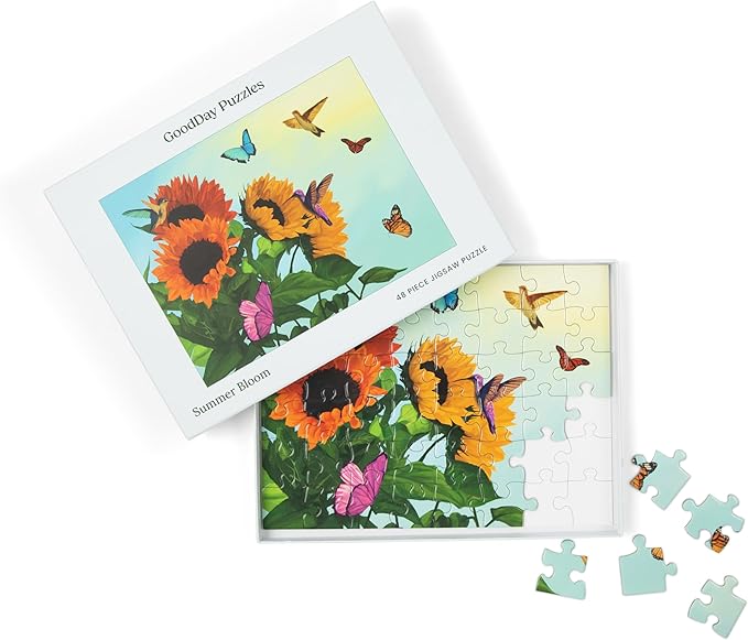 Large Piece Jigsaw Puzzle – Easy & Colorful, Dementia & Memory Activities for Seniors, Elderly Gifts, 48 Pieces, Summer Bloom