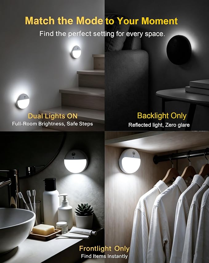 2 Pack Battery Night Light, Toilet Lights, 2.6" Small Motion Senor Light, Stick on Lights, 3 Light Modes, Dimmable LED Nightlight for Closet, Stairs, Garage, Cabinet, Toliet, Daylight White