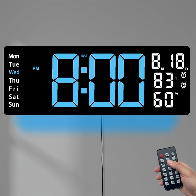 17.5 Inch Blue LED Digital Wall Clock with 8 Ambient Light Colors｜Displays Time,Date,Day,Temperature&Humidity,Dual Alarms,Countdown&Stopwatch,DST,10-Level Auto/Manual Brightness｜Modern Silent Clock