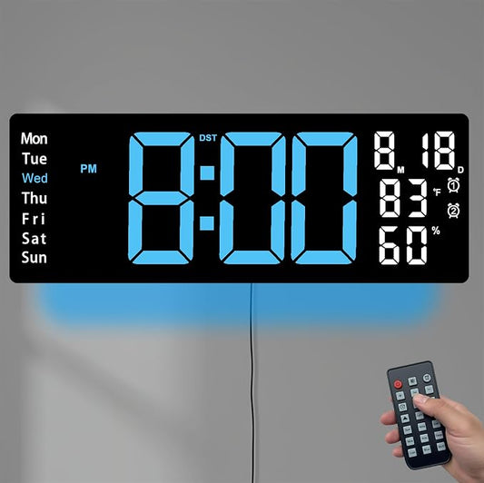 17.5 Inch Blue LED Digital Wall Clock with 8 Ambient Light Colors｜Displays Time,Date,Day,Temperature&Humidity,Dual Alarms,Countdown&Stopwatch,DST,10-Level Auto/Manual Brightness｜Modern Silent Clock