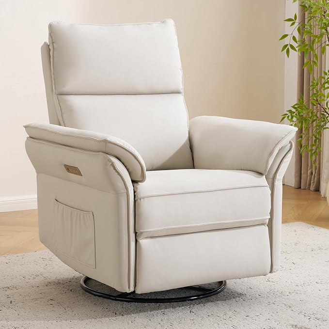 Power Nursery Recliner with Auto Rocking,Oversized Swivel Rocker Recliner with Massage and Heat,Glider Recliner Nursery Chair with Adjustable Headrest for Living Room and Bedroom,Faux Leather，Beige