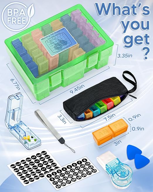 Monthly Pill Organizer 2 Times a Day – Yonlog Large Medicine Box with Weekly Travel Bag, Pill Cutter, Easy-Open Pick, Pill Taker Tool, and 2 Medication Stickers (Green, 2 Times a Day)