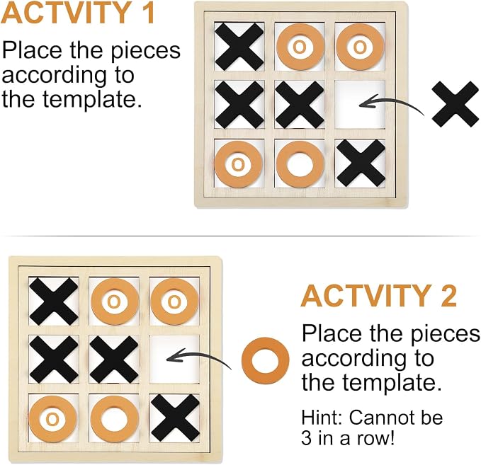 Seenelling Jumbo Wooden Tic Tac Toe Game Dementia Activities for Alzheimers Seniors with Matching and Puzzle Templates XO Chess Board Game for Elderly Engaging Table Decor (Black, Orange)