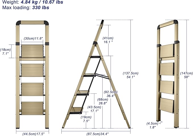 Step Ladders Folding 4-Step Champagne Gold Finish Aluminum Foldable Step Stool,Anti-Slip Portable Sturdy for Home & Kitchen Office 330 lbs