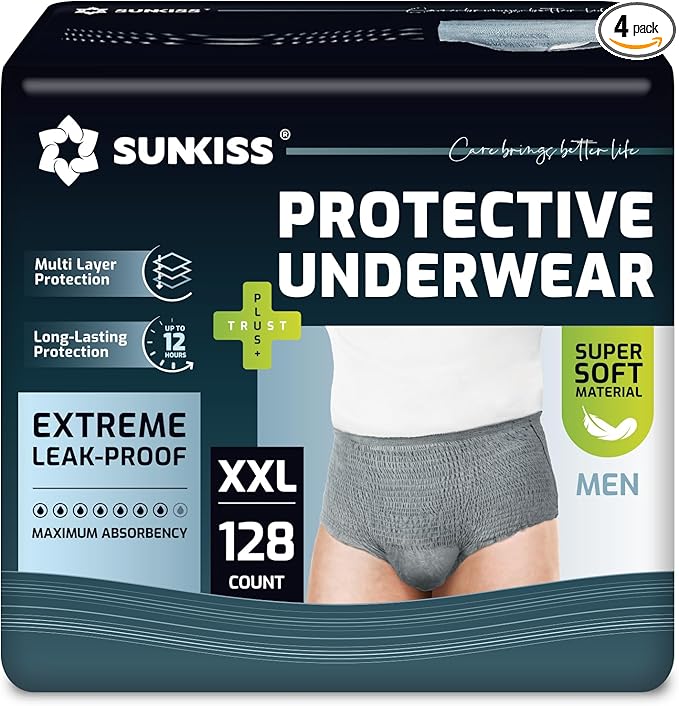 SUNKISS Incontinence Underwear for Men, Daytime Disposable Adult Pull Ups, Mens Protective Briefs with Maximum Absorbency, XXLarge, Grey, 128 Count