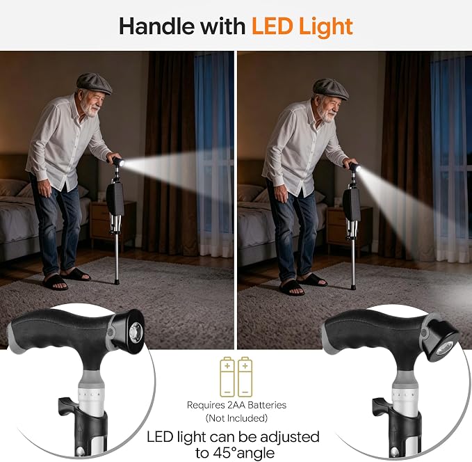 Cane with Seat Folding Lightweight, Walking Cane Stick with Seat for Seniors, Chair Cane with LED Light, Aluminum, Anti-Slip