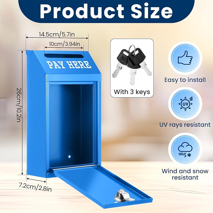Yaocom Safe Metal Cash Box for Farm Stand – Money Drop and Secure Donation Collection, Wall Mount Lockable Unit with Pre Drilled Holes for Outdoor Self Serve(Blue,10.2 x 5.7 x 2.8 Inch)