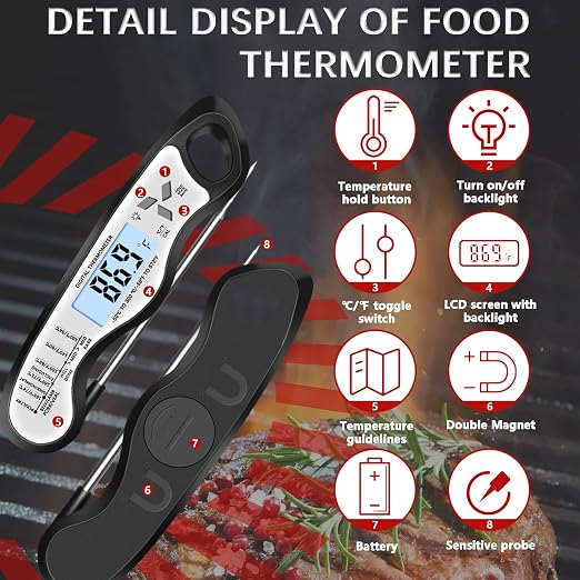 Cooking Thermometer，IP67 Waterproof Meat Thermometer Digital | Backlight，Magnetic attraction，Hold Function，Instant Read，LED screen，for Cooking,Outdoor Grilling