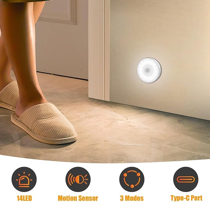 14 LEDs Motion Sensor Light Indoor, 3 Pack Rechargeable Night Light | Rechargeable, Wide Detection Range, 5 Light Modes, Bedroom Closet Lights, Anywhere Stair Light, Hallway Light- Cold White
