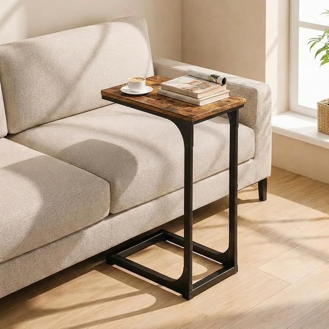 TEMI C Shaped End Table for Couch - Small Side Table and TV Tray for Eating or Laptop, Accent Desk for Chair or Sofa, Easy Assembly, Space-Saving Design for Living Room or Bedroom,Rustic Brown