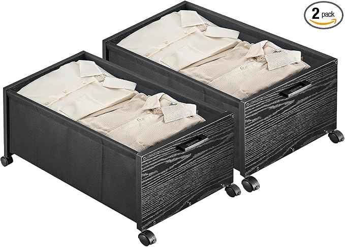 FOUCSSOMEI Under Bed Storage with Wheels, Wooden Under Bed Drawers On Wheels, Rolling Under Bed Shoe Storage, Space Saving, Black,70L