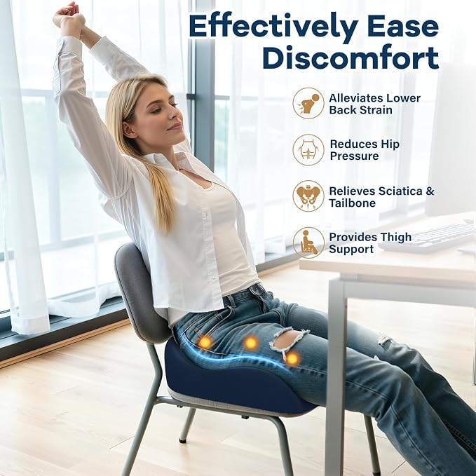 Ergonomic Memory Foam Seat Cushion for Office Chair, Blue | Wheelchair Cushions for Tailbone, Hip, Sciatica Support, Soft & Breathable, Chair Pad for Long Sitting, Driving