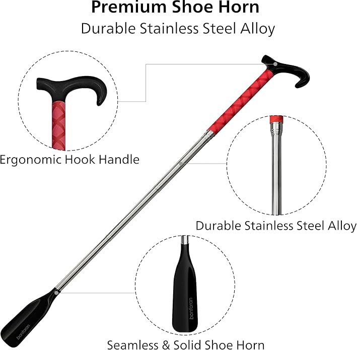 Shoe Horn Long Handle for Seniors, Telescopic Stainless Steel | Long Shoe Horn, 14"-35" Adjustable Length, One-Pull Extension, Matte Finish, Reduced Wobble, No-Bend Shoe Helper
