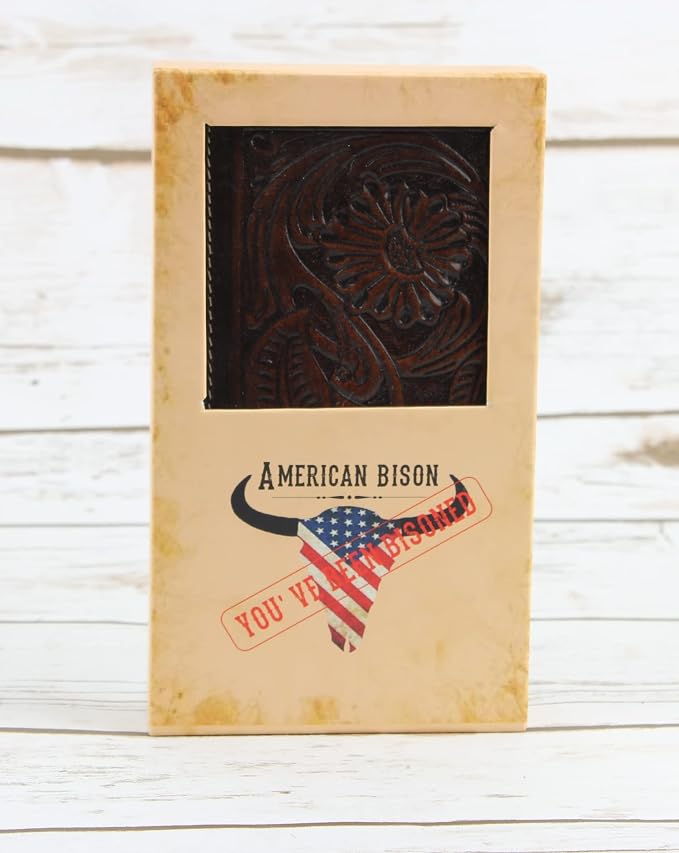 American Bison Arrigo Floral Design RFID Rodeo Wallet for Men – Hand-Tooled Cowhide Leather Wallet with Gift Box (Dark Brown)