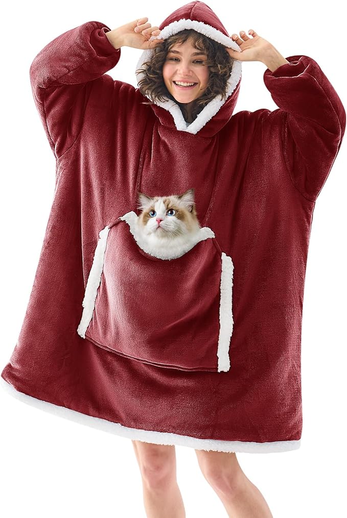 JOYWOO Wine Red Wearable Blanket Hoodie,Oversized Cat Lovers Sweatshirt Blanket for Adult, Birthday Gifts for Women,Mom,Men,Cozy Sherpa Hooded Blanket with Giant Pocket Winter Gifts,Burgundy Standard