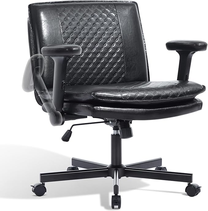 Criss Cross Chair with Flip-Up Arms and Lockable Wheels, Leather Cross Legged Office Desk Chair,Wider 125°Tilting Adjustable Swivel Computer Chair for Home, Apartment, Bedroom,Black 1