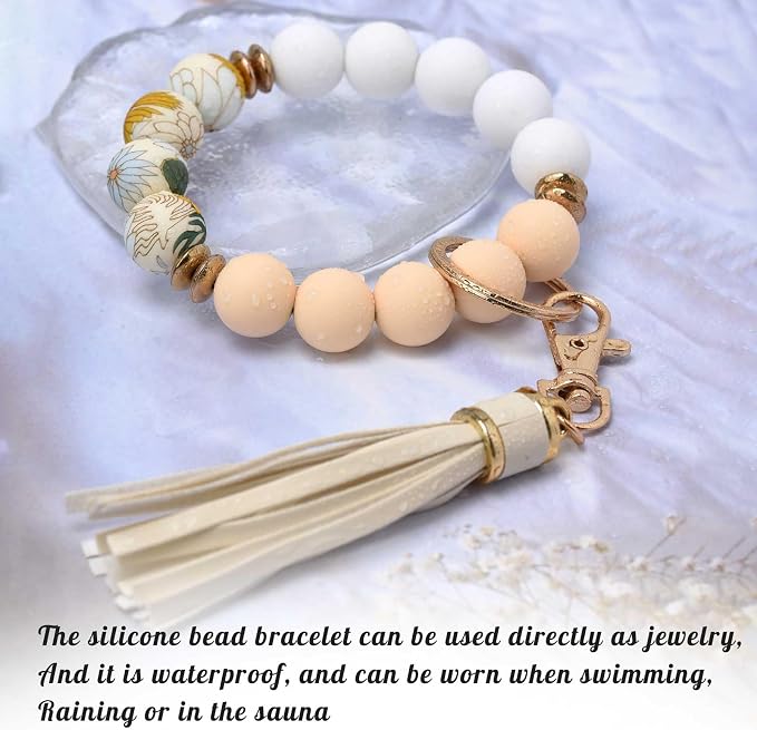 BAOSIWA Silicone Beaded Bracelet Keychain Wristlet Key Ring Bangle Chains for Women with Leather Tassel