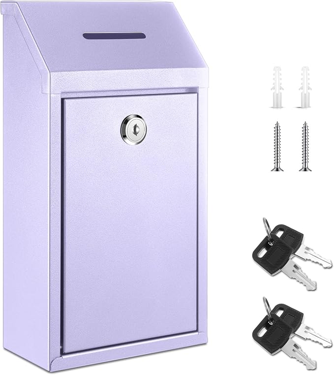 Yaocom Metal Money Box,Morandi Purple,10.24 x 5.71 x 2.95 Inch,No Lid | Wall Mounted Drop Donation Cash Box for Farm Stand Collection Safe Suggestion Box with Lock Container for Home Office Outdoor