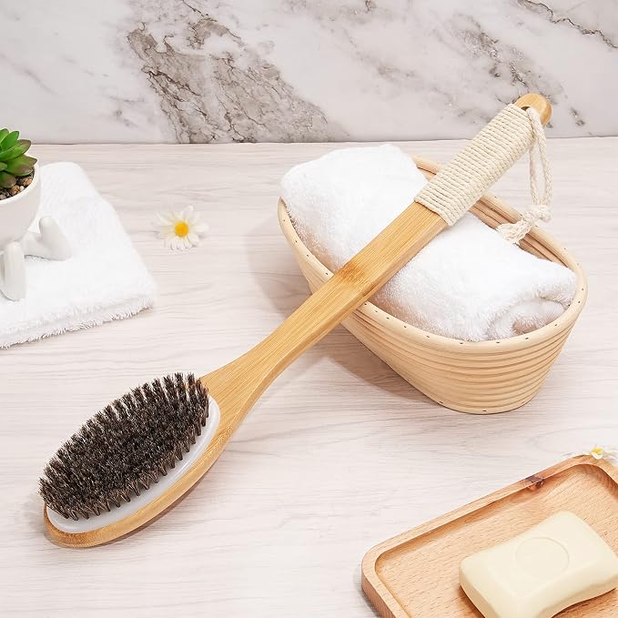 eaxun Bamboo Back Scrubber for Shower with Curved Long Handle, Shower Brush | 16.7 Inch Exfoliating Brush with Natural Horse Bristles for Men & Women, Anti-Slip Grip Back Washer for Bath or Dry Brushing