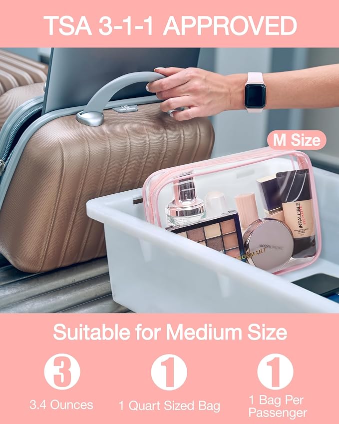 BAGSMART Clear Toiletry Bag 2-Pack TSA Approved Water-Repellent, Pink | Carry on Travel Accessories Bag, Airport Airline Quart Size Bags for Women Men, Makeup Cosmetic Bag