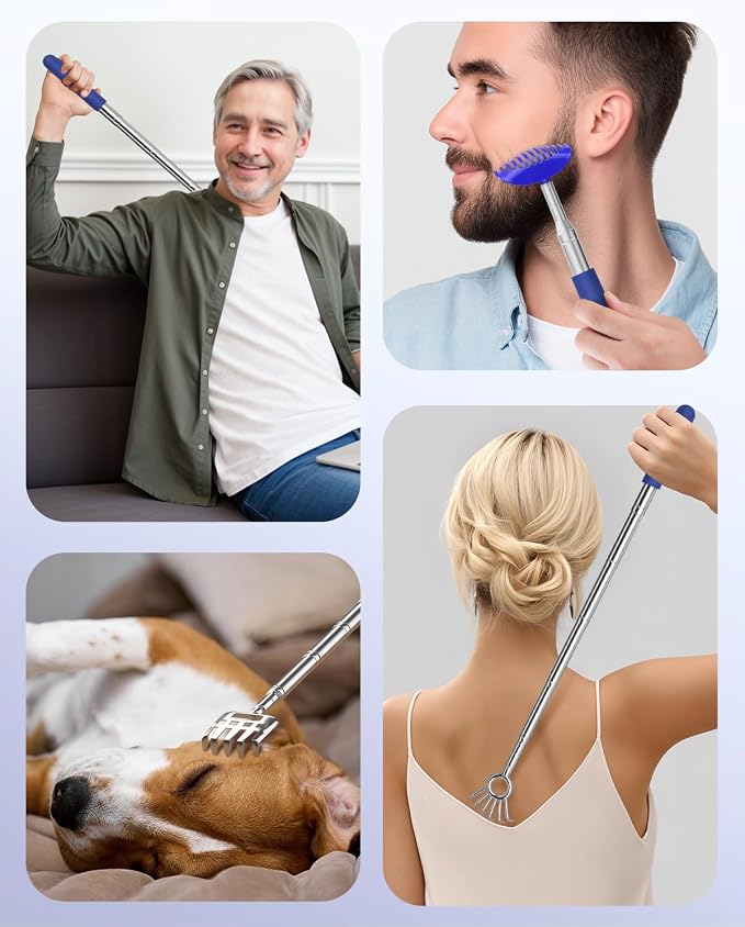 Telescoping Back Scratcher with 5 Detachable Heads, Gifts for Men, Blue | 10-31'' Reach,Stainless Steel, Non-Slip Grip, Birthday Gifts for Men Women, Christmas Stocking Stuffers, White Elephant Gifts