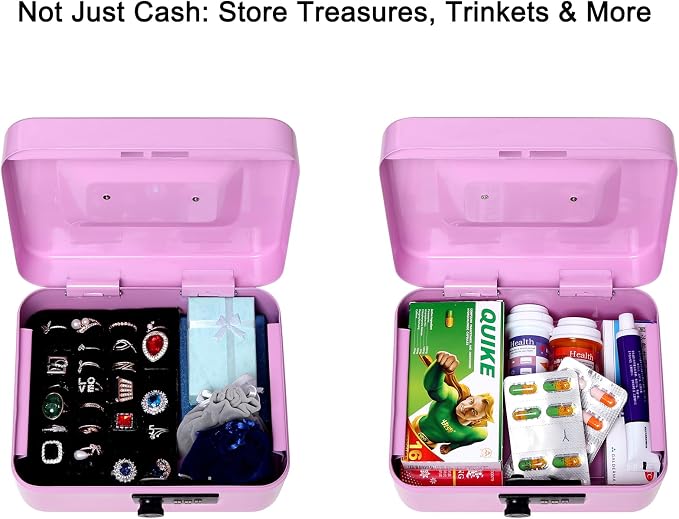Jssmst Medium Cash Box with Combination Lock - Durable Metal Cash Box with Money Tray Light Purple,7.87 x 6.3 x 3.35 inches