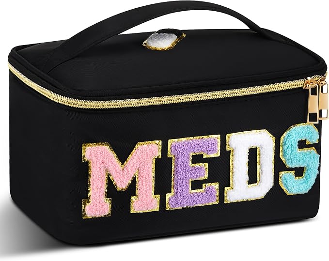 Geetery Clear Makeup Bag Chenille Letter Meds Bag Travel Cases Preppy Patch with Zipper, Portable Cosmetic Toiletry Storage case for Women(Meds,Black)