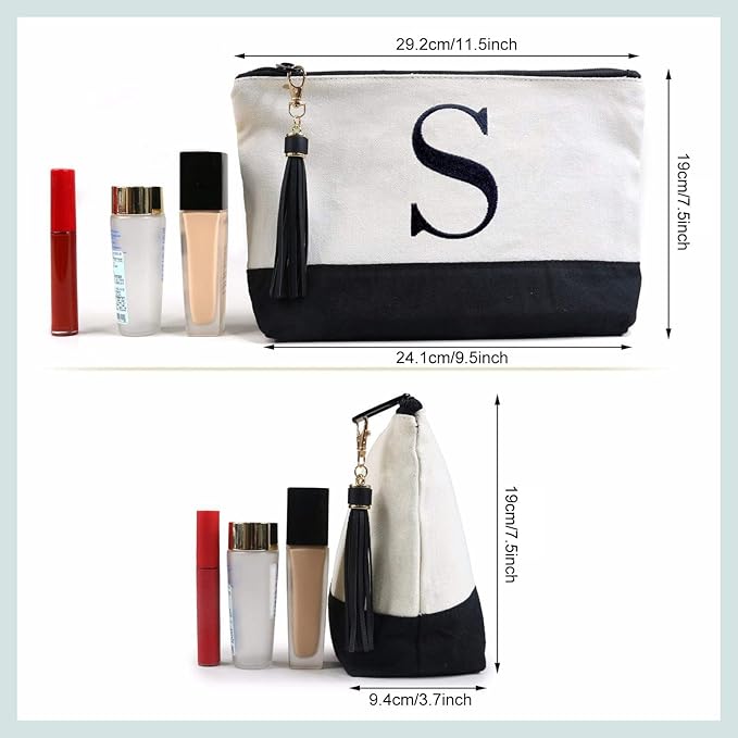 BeeGreen Christmas Gifts Initial Canvas Tote Bags, Personalized Birthday Gift for Women Mom Gift Embroidery Monogram Bags White Cotton with Leather Handle Organized Inner Pocket L